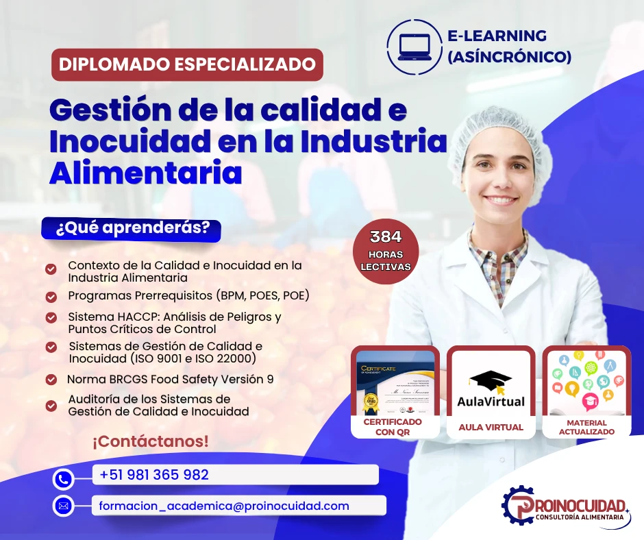 Flyer del curso Diplomado de Especialización: “Gestión de la Calidad e Inocuidad en la Industria Alimentaria”