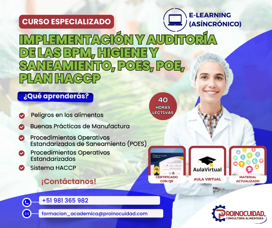 Flyer del curso Curso: “Implementación y Auditoría de las BPM, Higiene y Saneamiento, POES, POE, Plan HACCP”