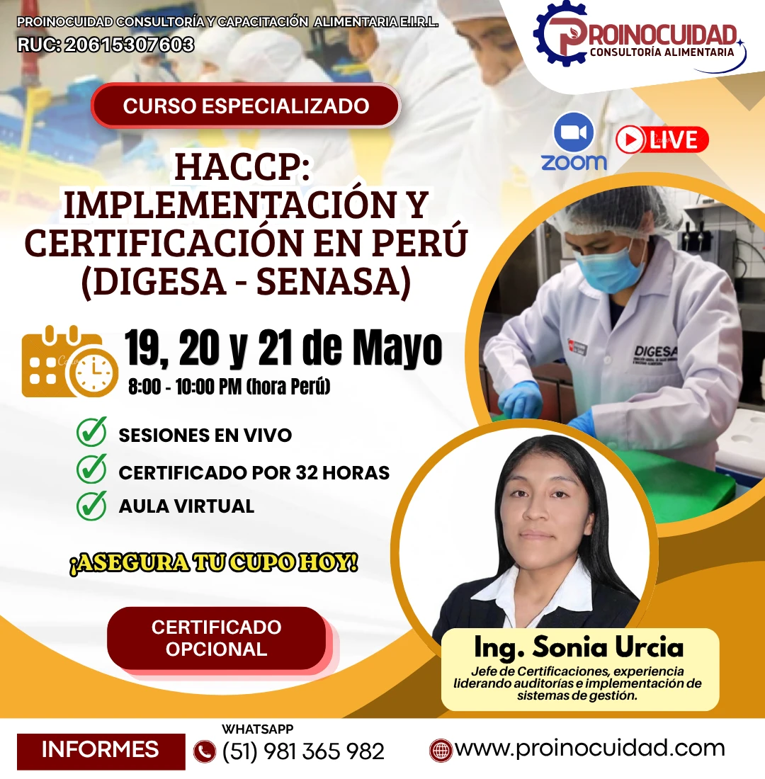 Flyer del curso Curso de Especialización: “HACCP: Implementación y Certificación en Perú (DIGESA / SENASA)”