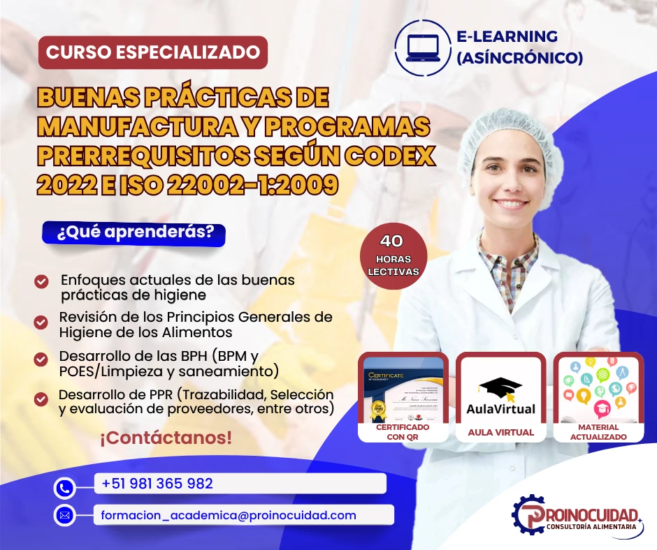 Flyer del curso Curso: “Buenas Prácticas de Manufactura y Programas Prerrequisitos según Codex 2022 e ISO 22002-1:2009”